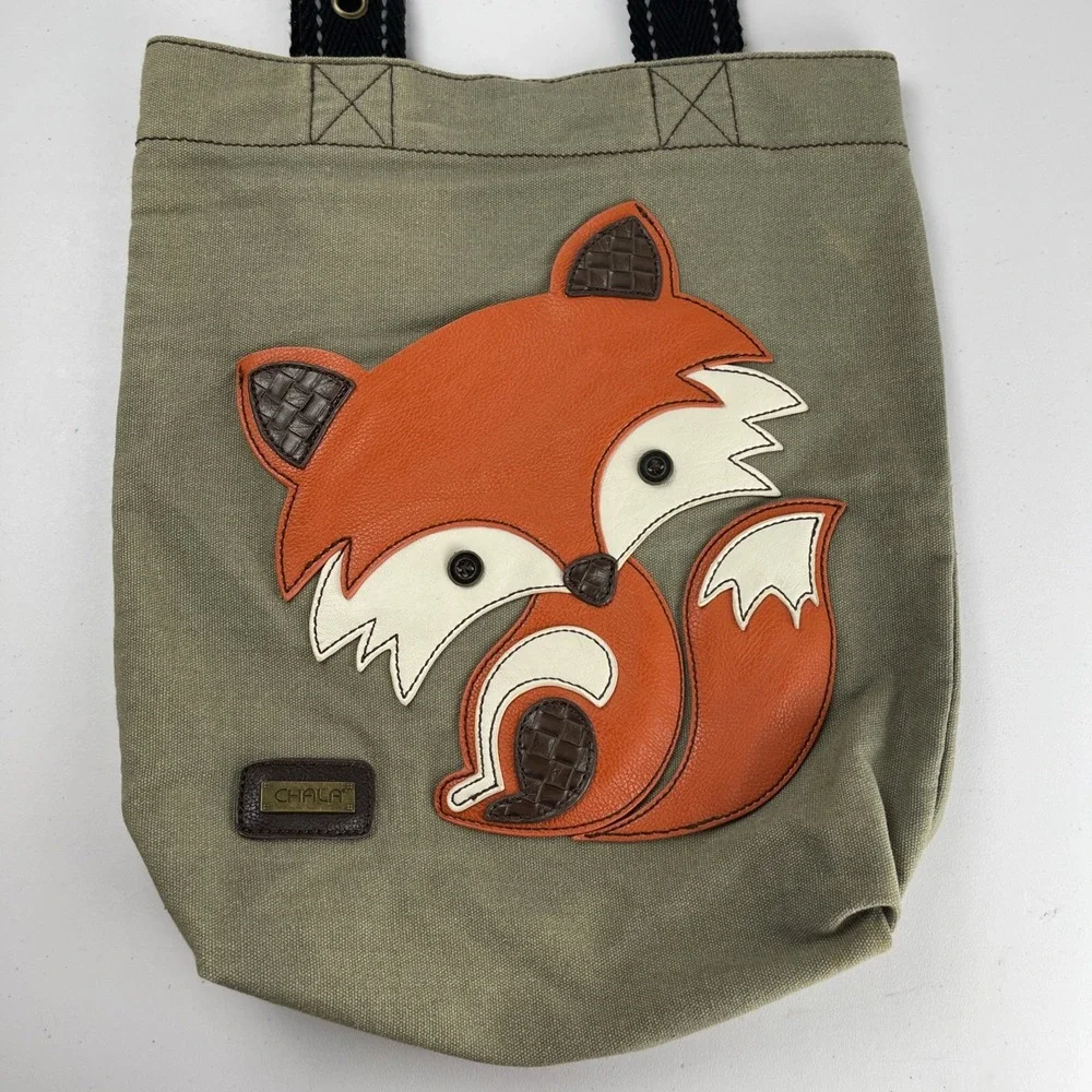 Chala Green Fox Canvas Tote Bag W/ Black Handles Lightly Used - Picture 3 of 16